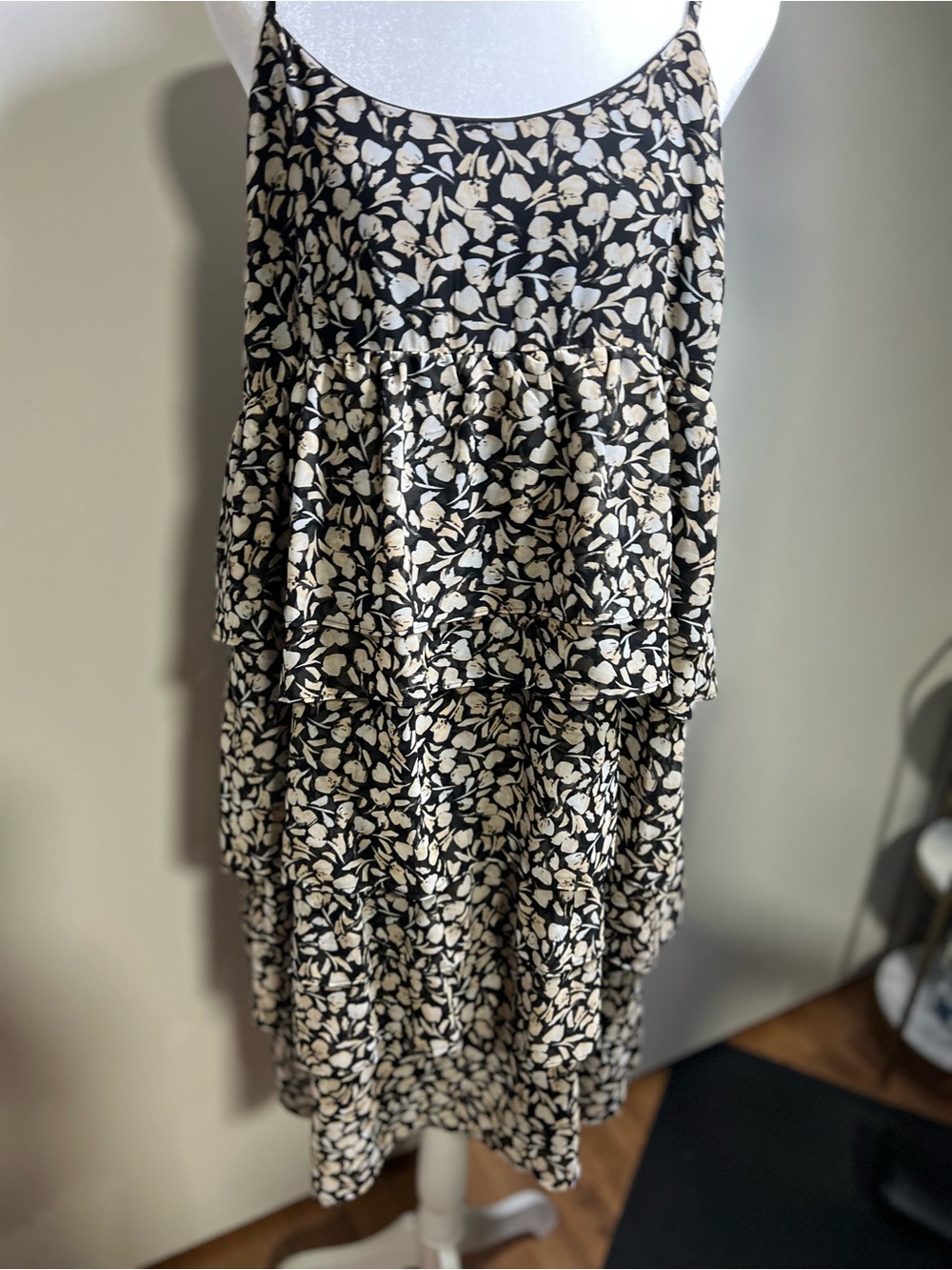 Black and Cream Floral Tiered Midi Dress